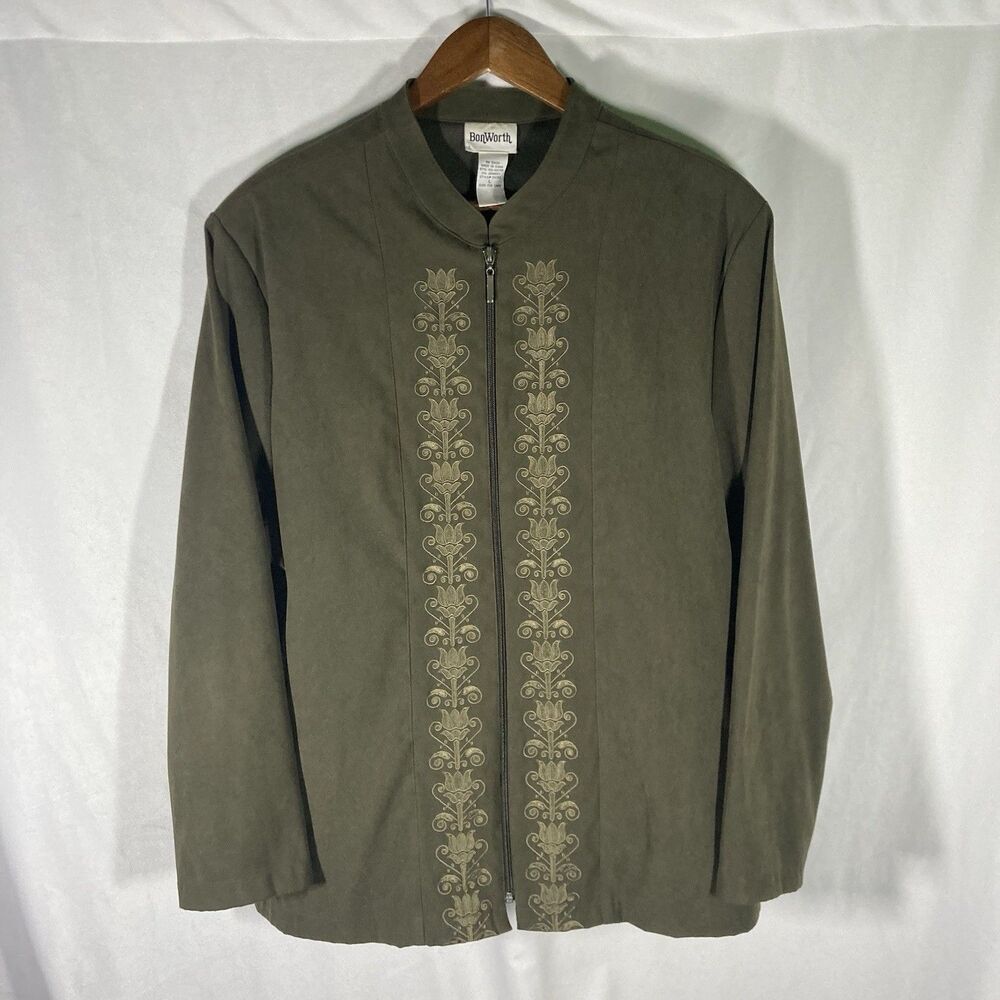 BONWORTH green embroidered micro fiber long sleeve zip up top L